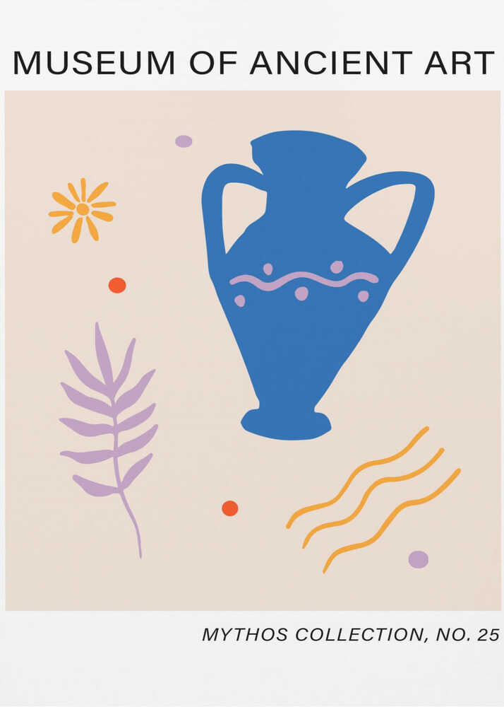 Museum of ancient art amphora poster with a blue amphora vase and decorative elements labeled Museum of Ancient Art