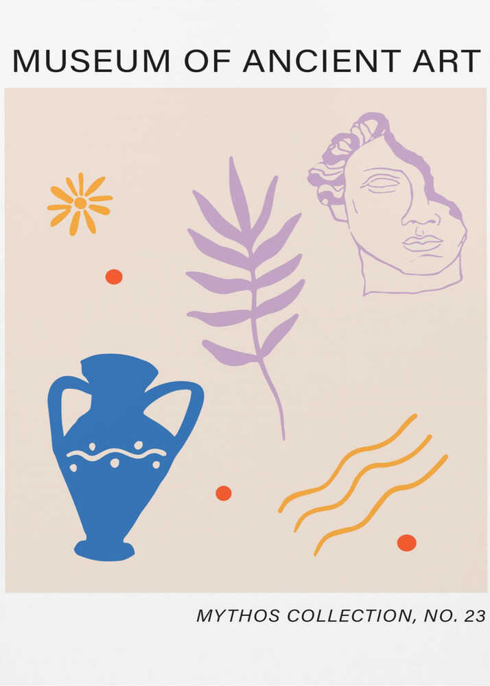 Museum of Ancient Art vase poster with a graphic illustration of a blue vase purple leaf and classical face