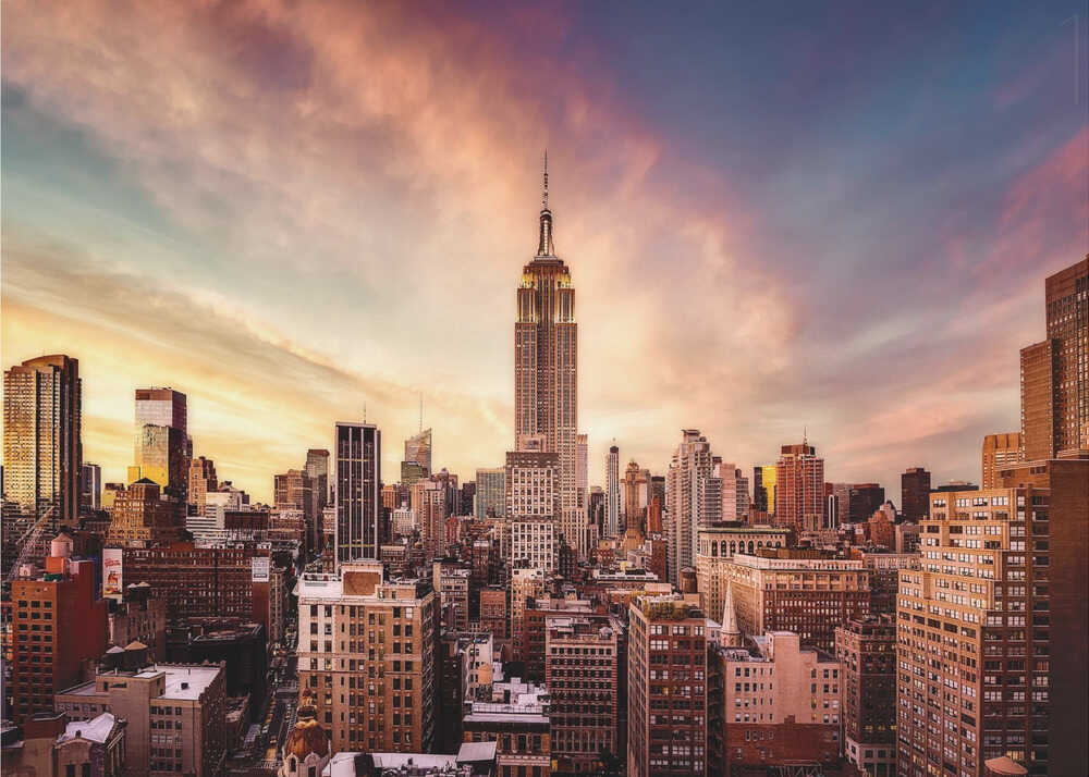 New York skyline poster with the Empire State Building and New York skyline at sunset