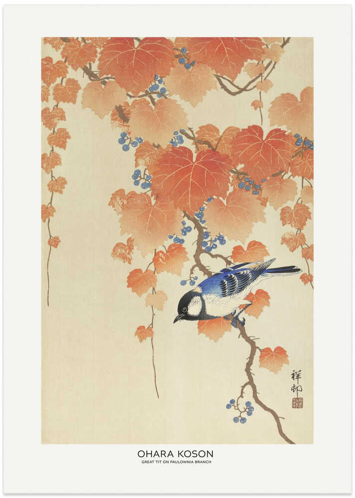 Ohara Koson Great Tit on Paulownia Branch poster with a blue bird and autumn leaves