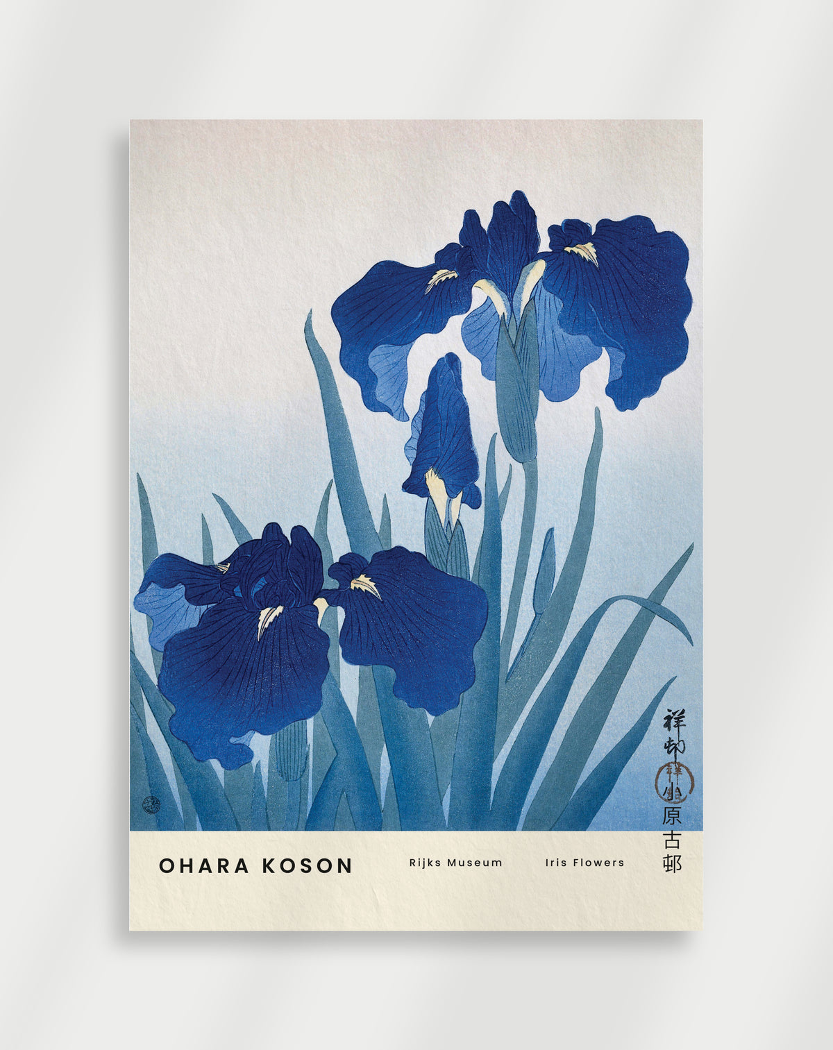 Ohara Koson Iris Flowers poster with blue irises and green leaves
