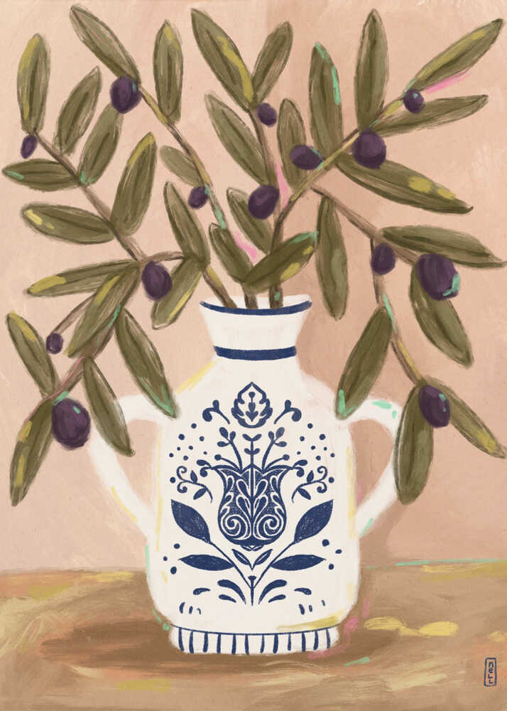 Olive branches blue white pitcher poster with a still life illustration of olive branches in a blue and white patterned pitcher