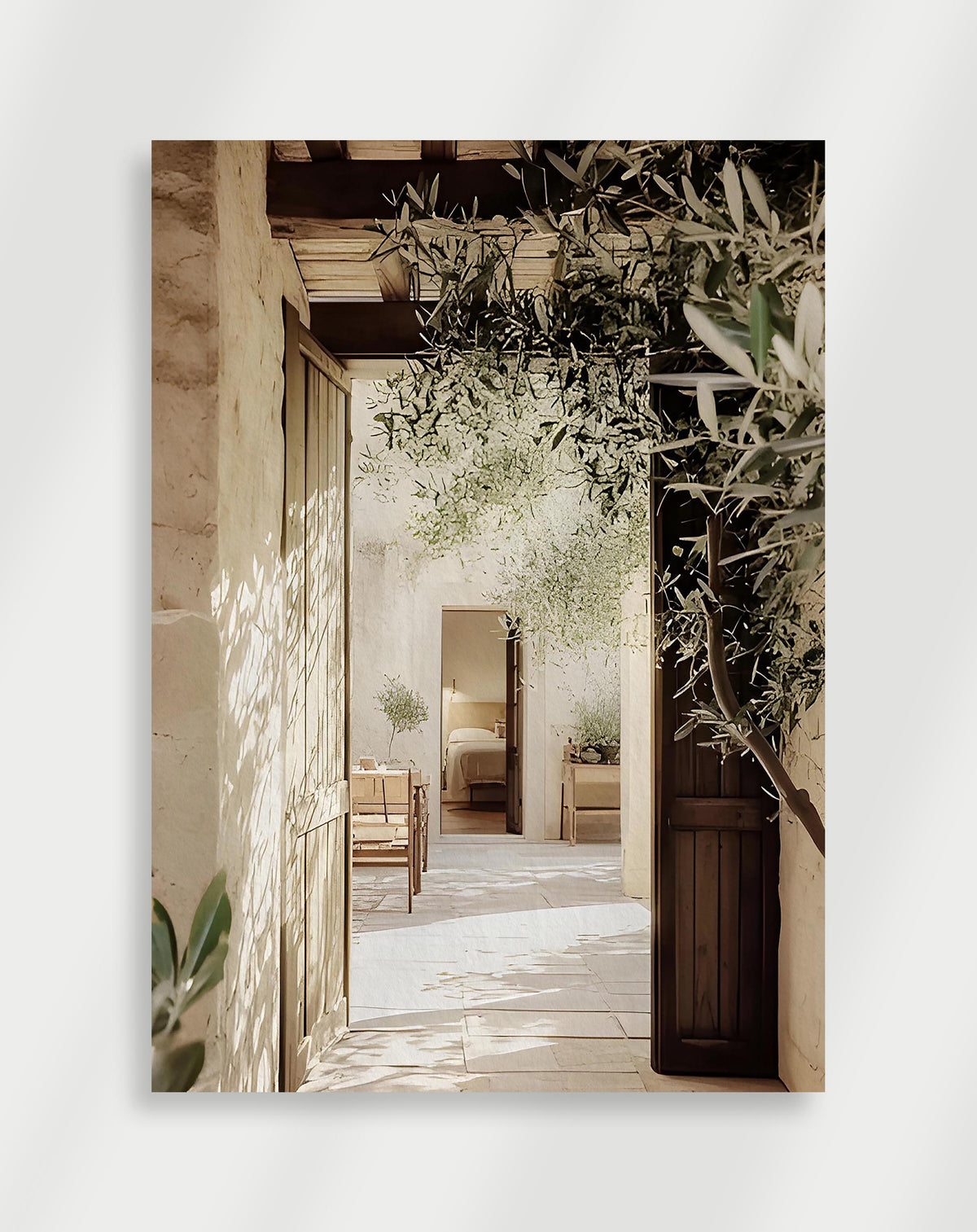 Olive courtyard interior poster with olive branches hanging over a sunlit Mediterranean courtyard with wooden doors