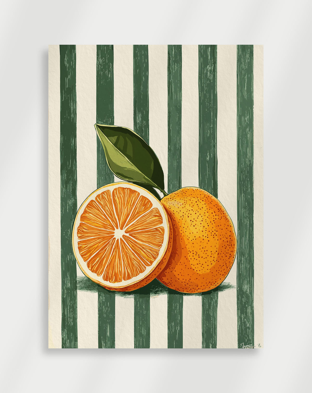 Oranges striped background poster with a graphic of a whole orange and a sliced orange with a leaf on green and white stripes