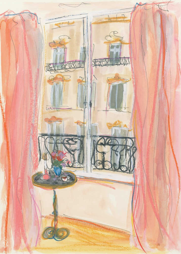 Parisian window poster with pink curtains, a small table with coffee and flowers, and buildings outside