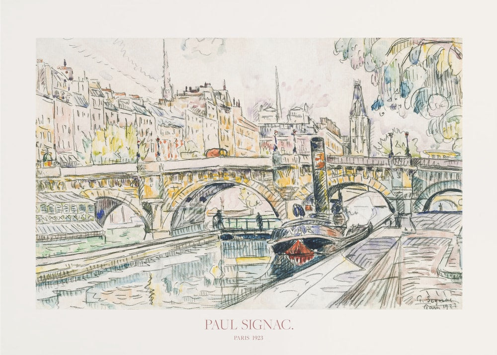 Paul Signac Paris 1923 poster with a watercolor sketch of the Seine river, bridges and buildings in Paris