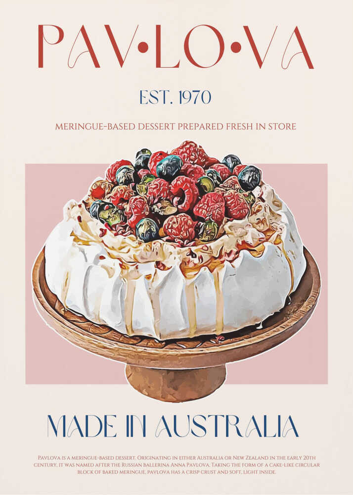Pavlova dessert poster with a graphic illustration of a pavlova dessert topped with berries and text