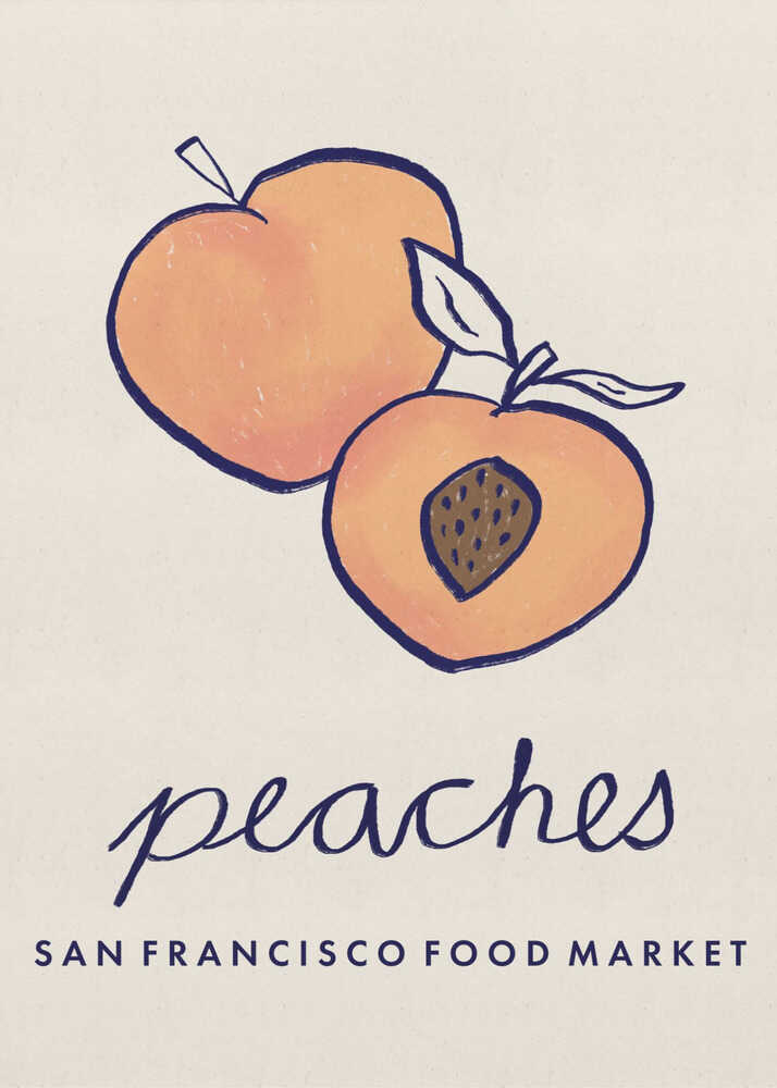 Peaches San Francisco Food Market poster with a graphic illustration of two peaches and text