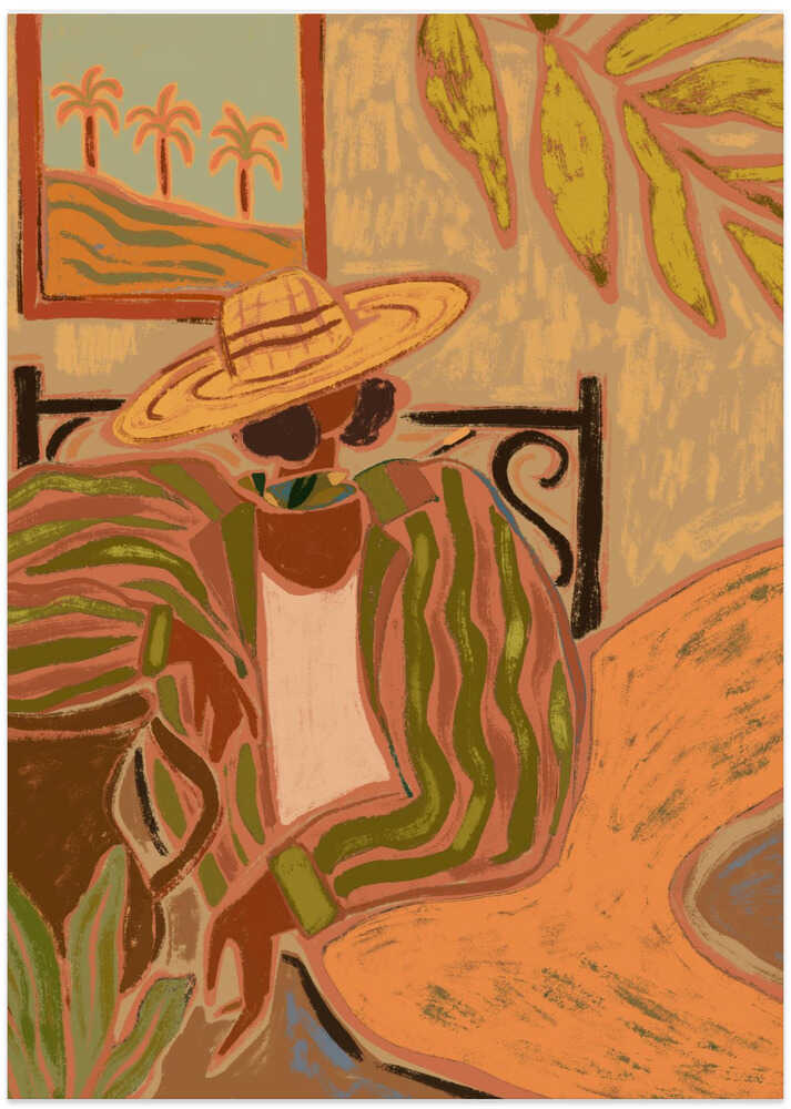 Person straw hat tropical poster with a stylized illustration of a person in a straw hat and striped shirt in a tropical setting