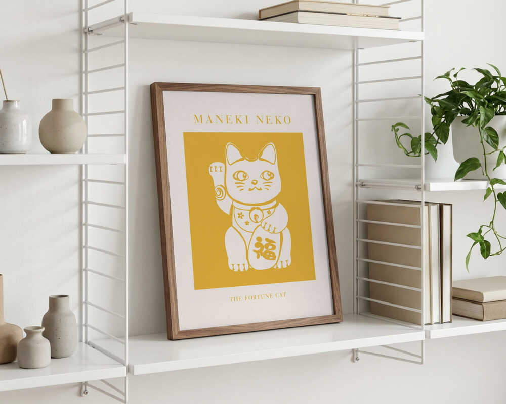 Maneki-Neko, gelbe Katze Poster
