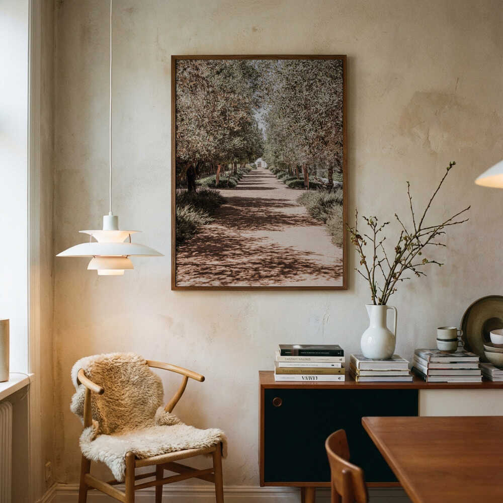 A Serene Tree Lined Path with Sunlight Poster