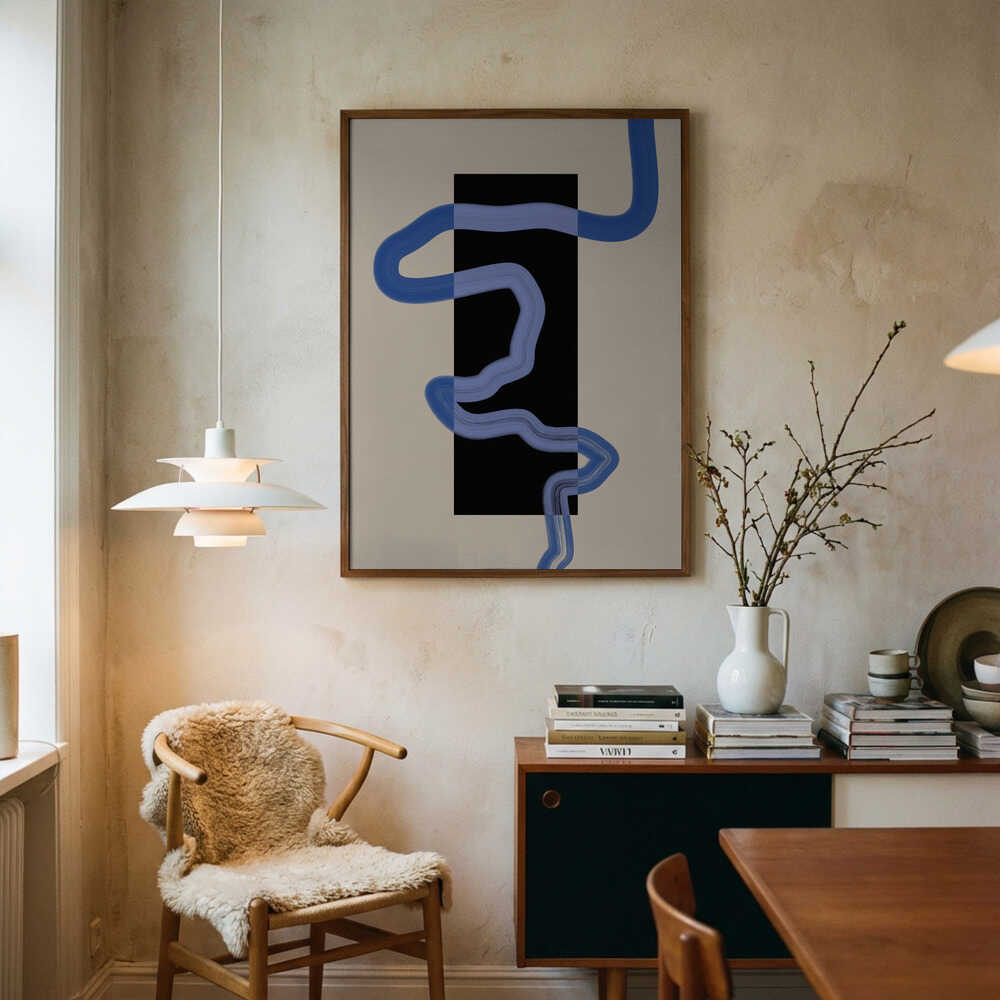 Poster mit fließenden blauen Linien im Rechteck