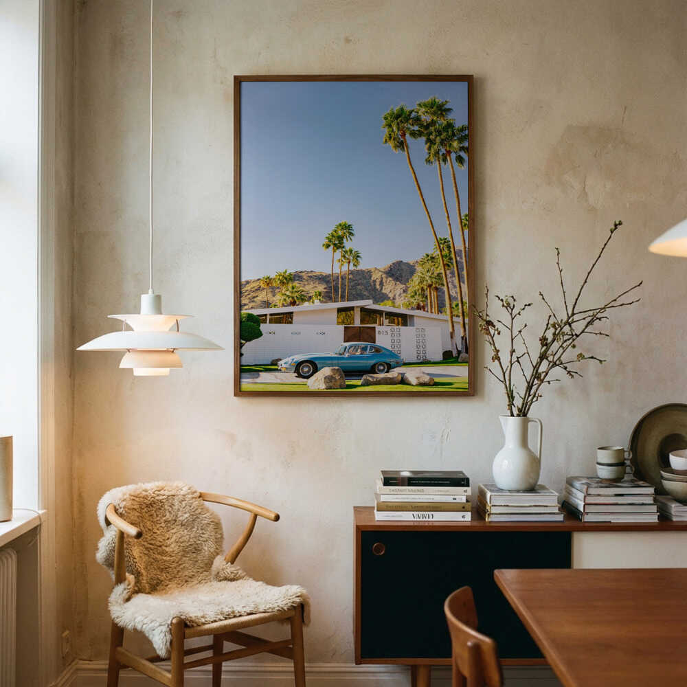 Poster mit blauem Auto im Mid-Century-Modern-Stil