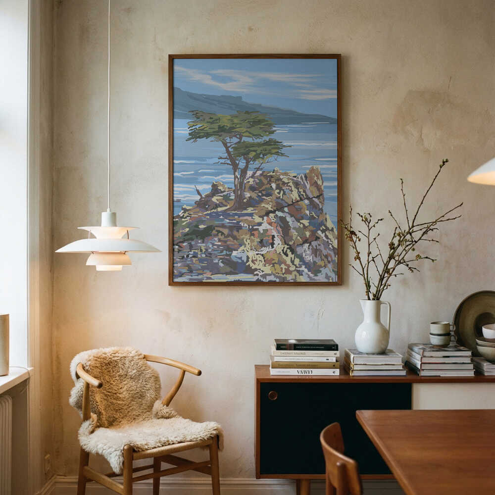 Poster mit einsamer Zypresse und Meerblick