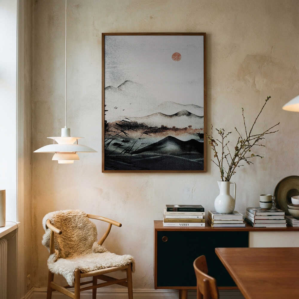 Neblige Gipfel im Sonnenaufgang – Poster