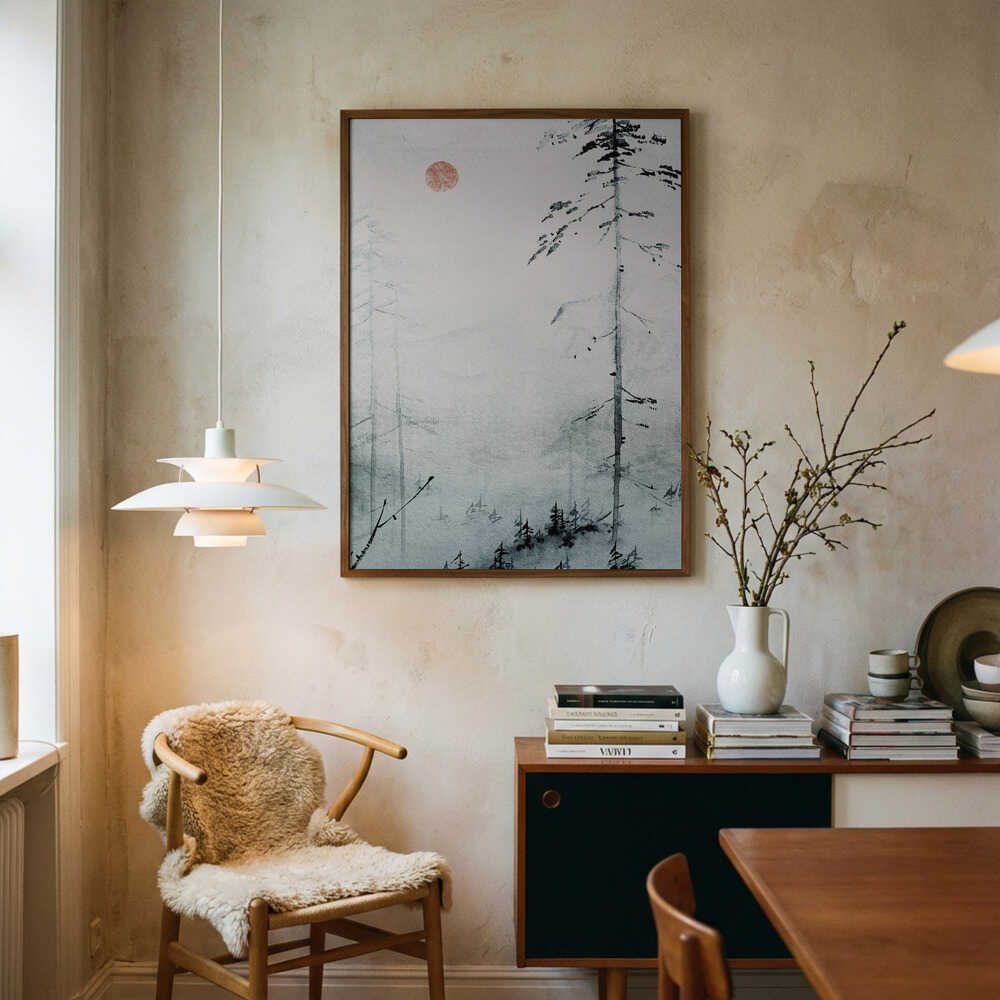 Poster mit stillen, nebligen Kiefern