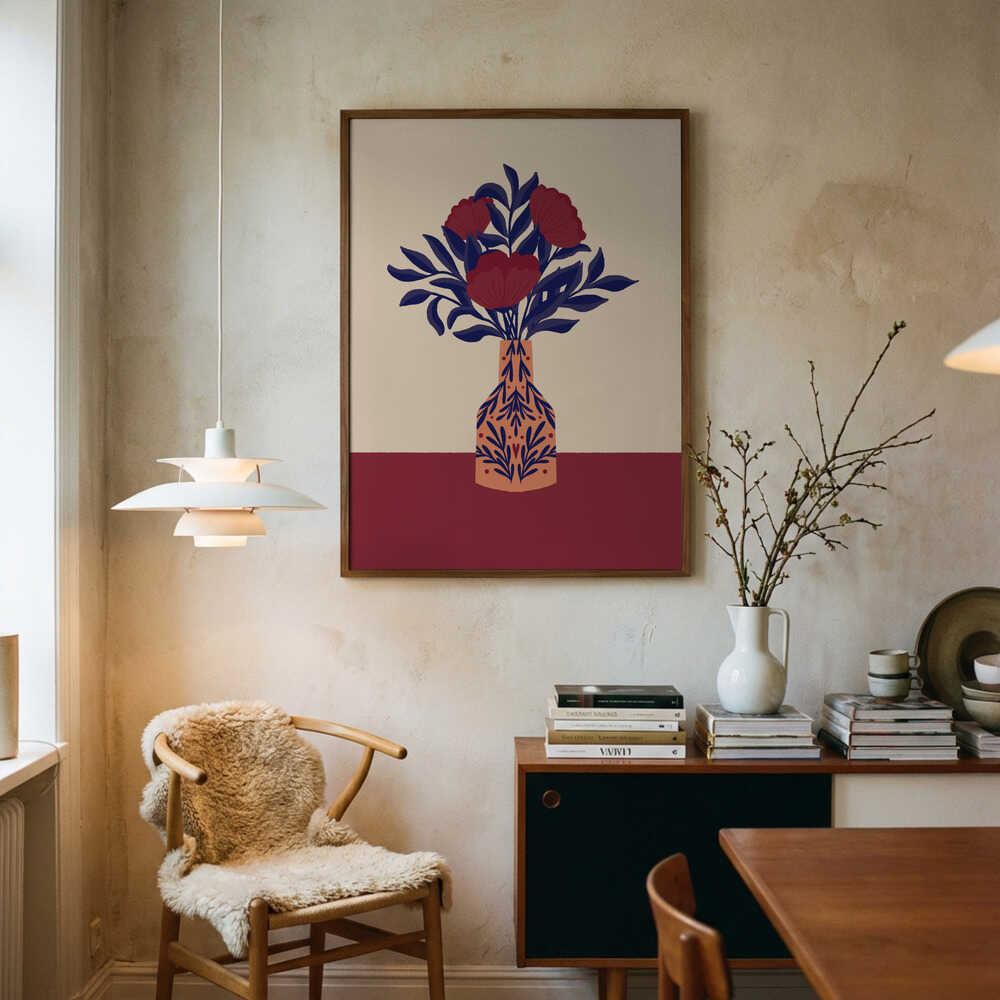 Poster mit burgunderroten Mohnblumen in einer Vase