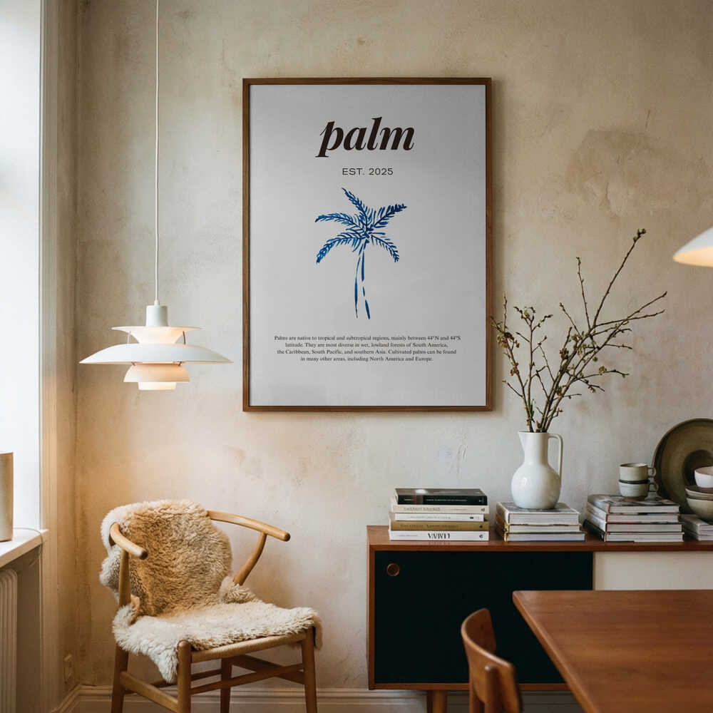 Poster mit blauem Aquarell und Palmentext