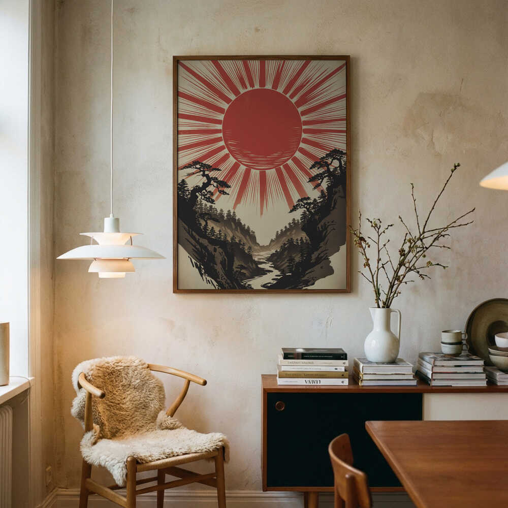 Poster mit Flusstal bei aufgehender Sonne