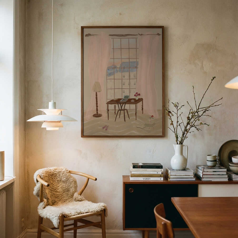 Paris Window View Illustration with Rustic Desk Poster