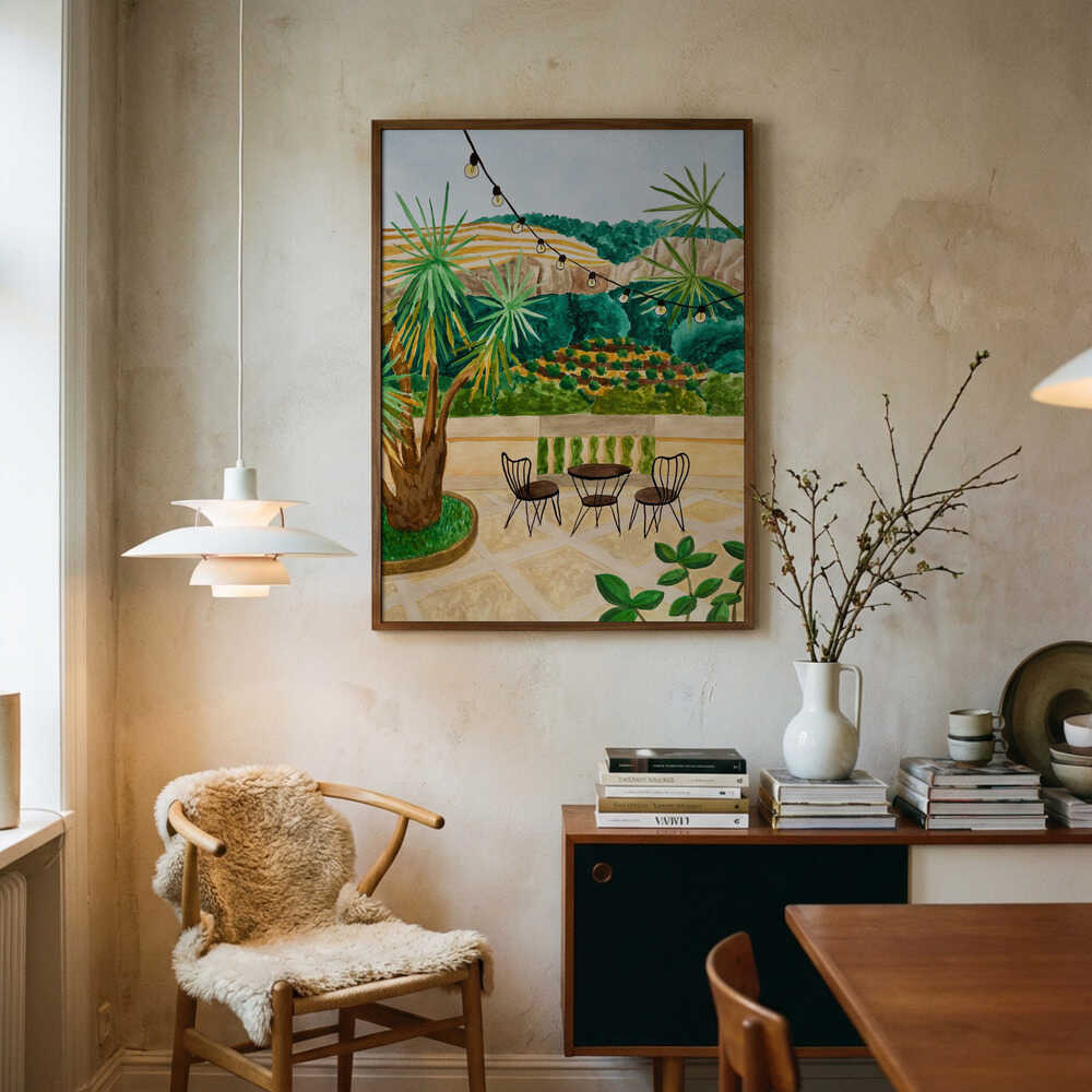 Poster mit üppigem Blick auf eine Terrasse