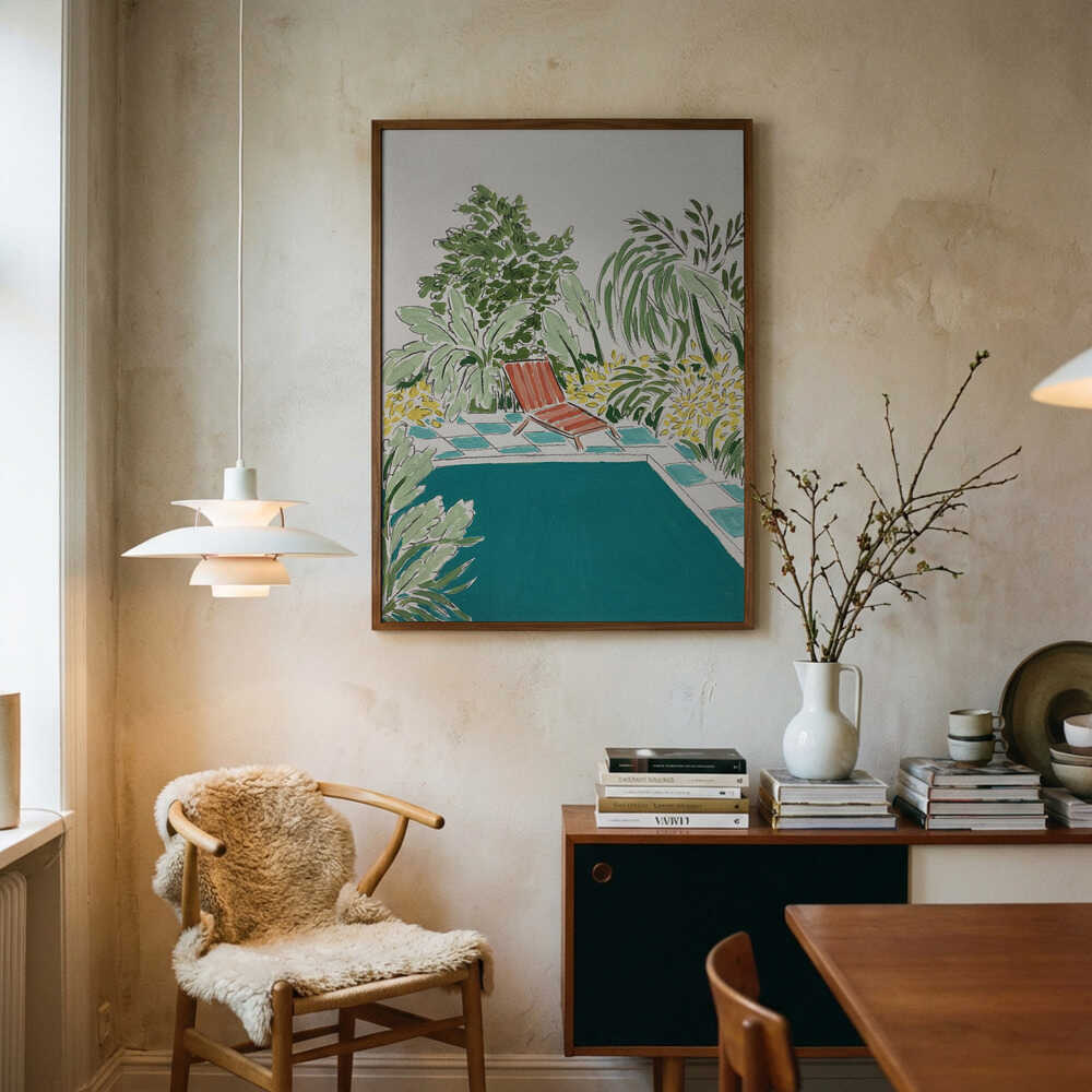 Poster mit entspannendem Garten am Pool