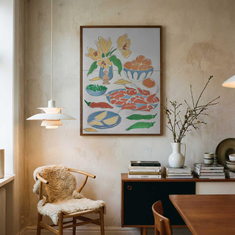 Poster mit frischen Blumen und Festmahl
