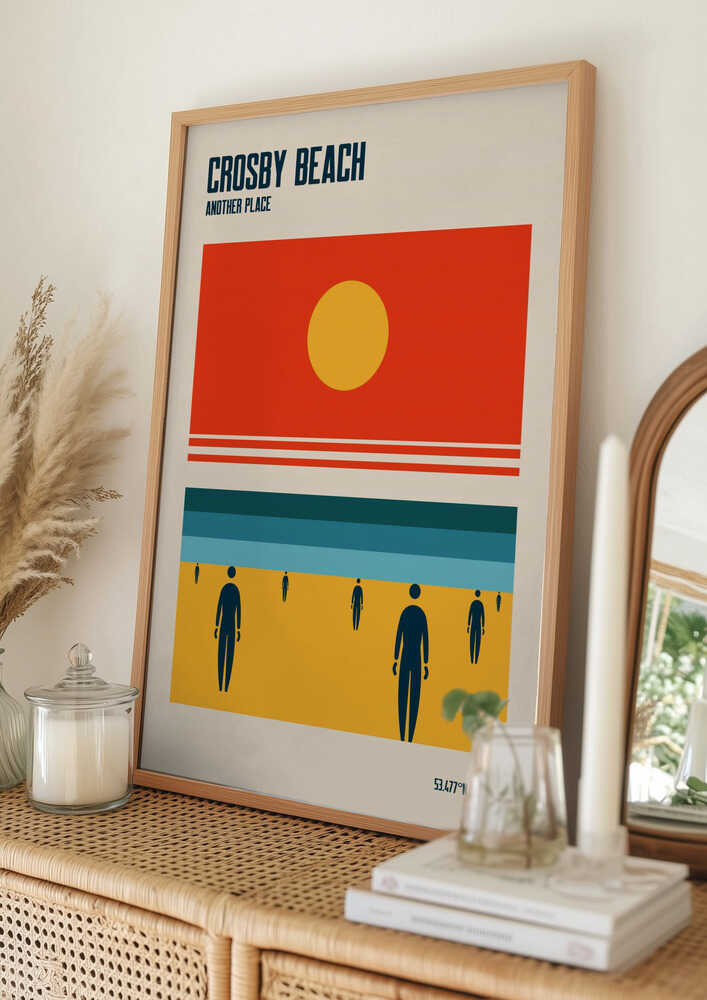 Poster mit den Eisernen Männern am Crosby Beach, Liverpool, Merseyside