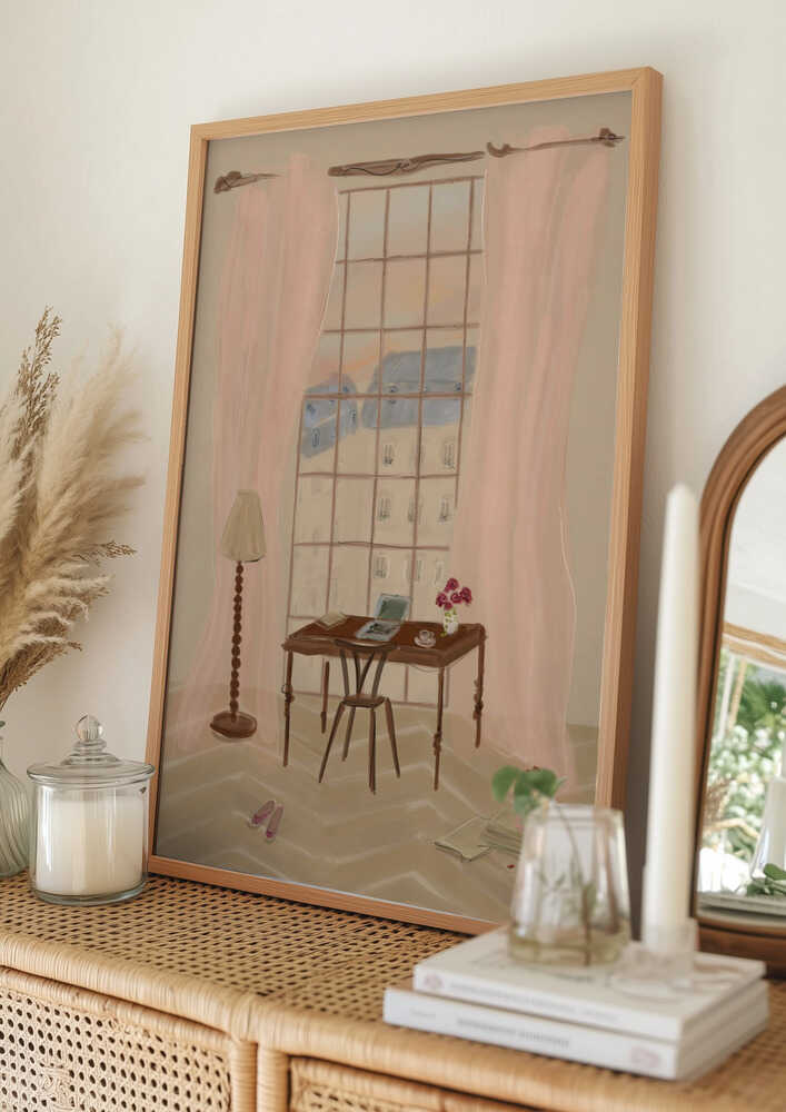 Paris Window View Illustration with Rustic Desk Poster