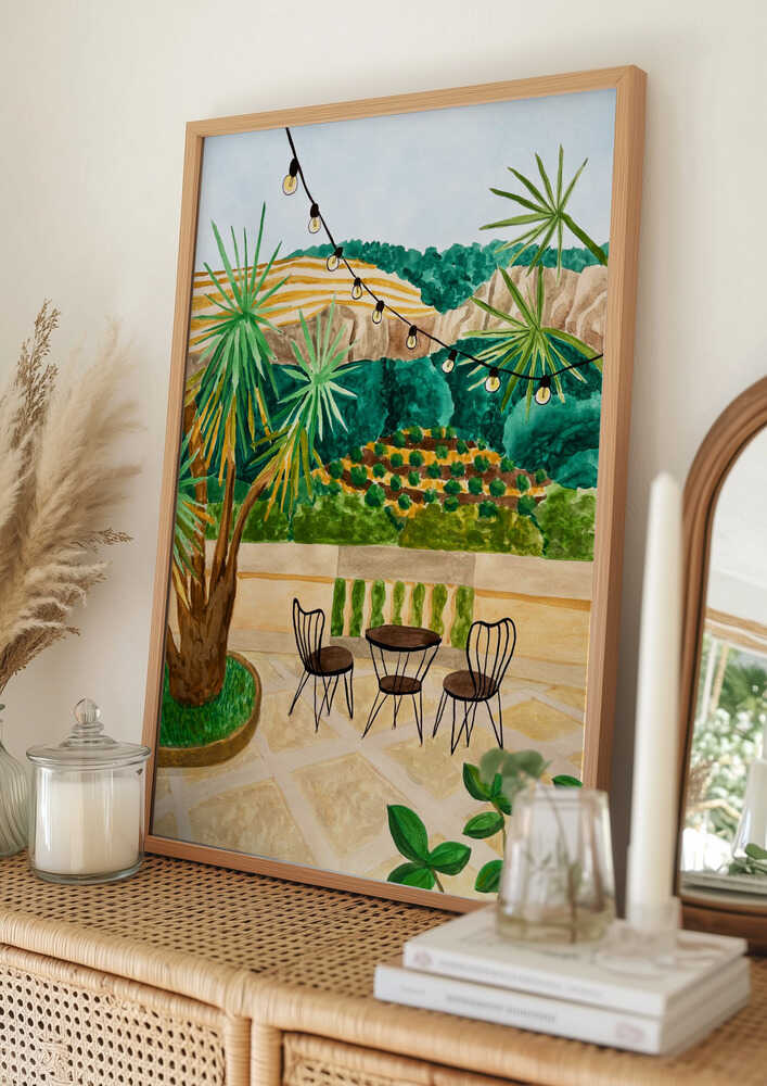 Poster mit üppigem Blick auf eine Terrasse