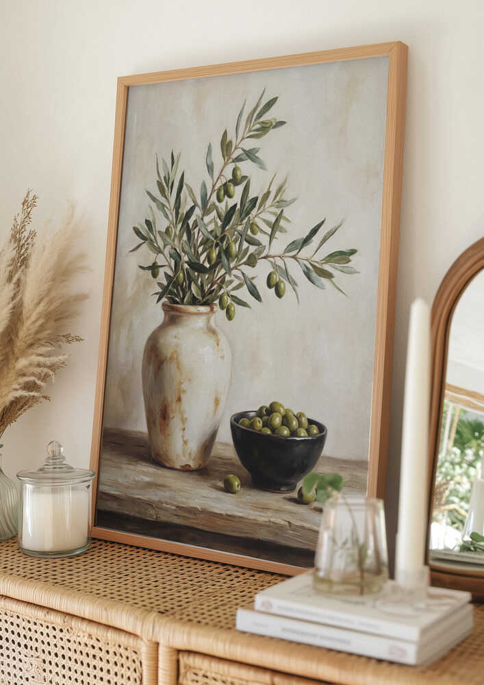 Eine Keramikschale mit Oliven – Poster