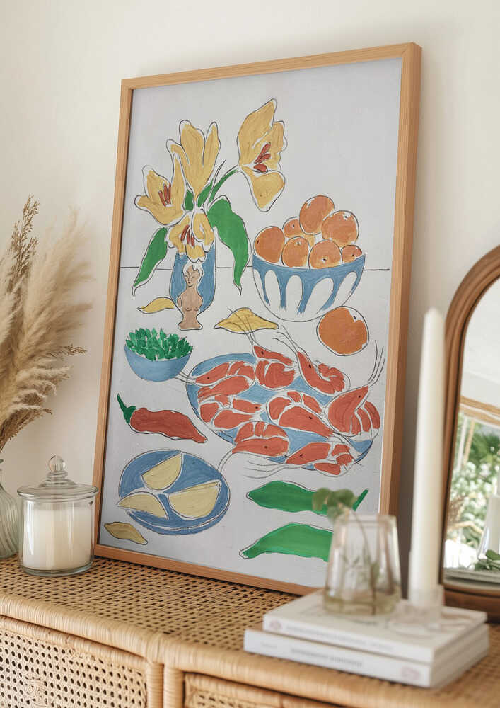Poster mit frischen Blumen und Festmahl