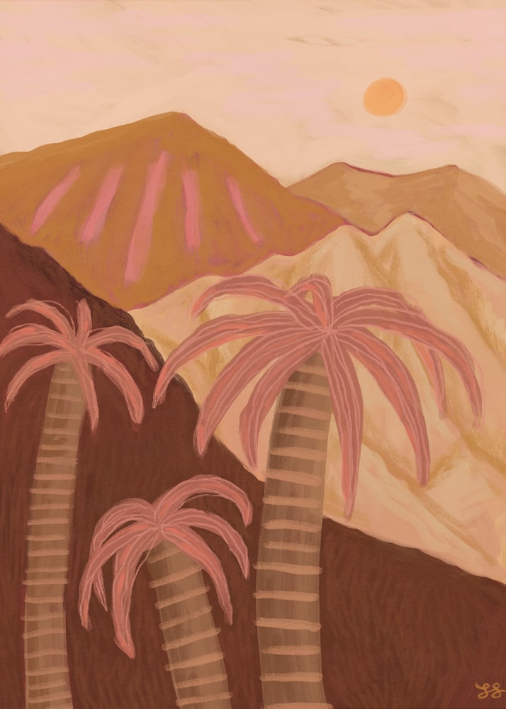 Pink palm trees mountains poster with a stylized painting of pink palm trees against mountains and a sun in warm tones
