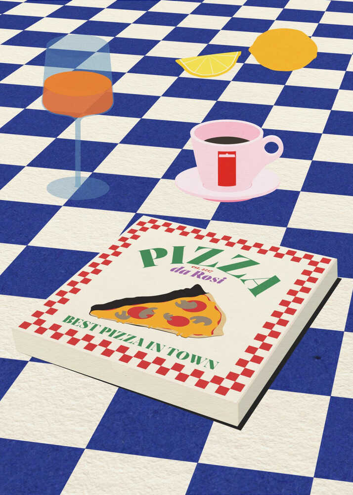 Pizza da Rosi poster with a pizza box, coffee cup and glass on a blue checkered floor