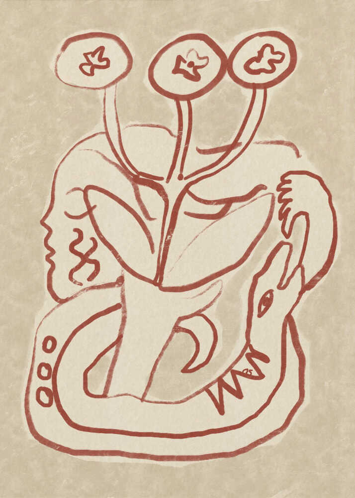 Plant snake line art poster with a reddish-brown line drawing of a stylized plant, face and snake
