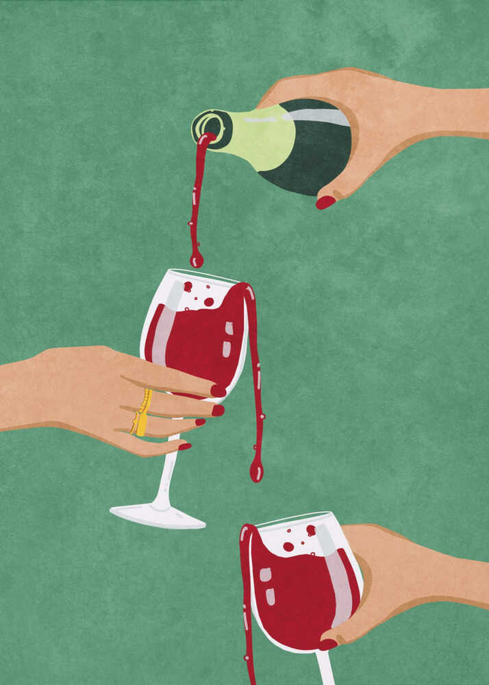 Pouring wine illustration poster with a graphic of hands pouring red wine from a bottle into glasses on a green background