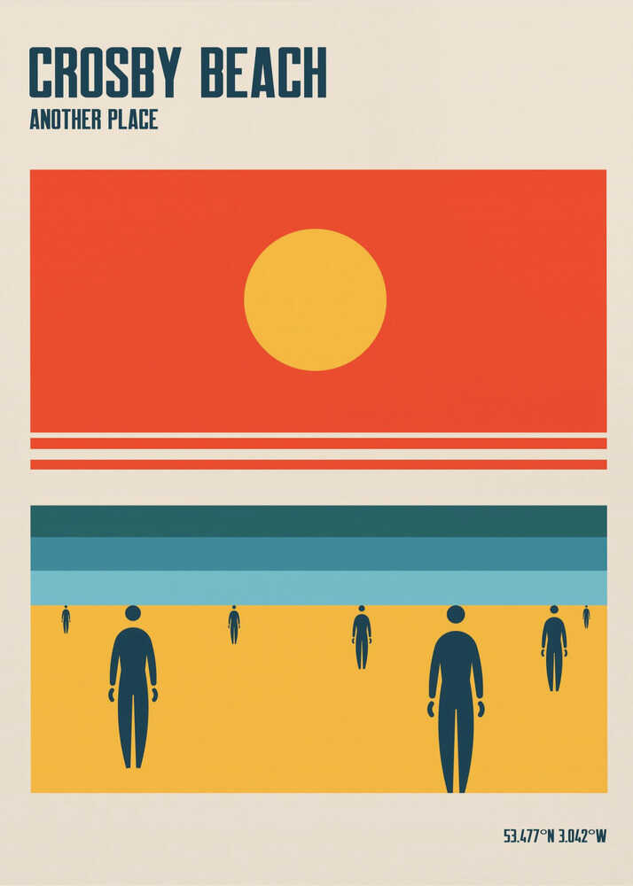 Poster mit den Eisernen Männern am Crosby Beach, Liverpool, Merseyside