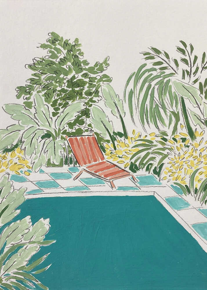 Poster mit entspannendem Garten am Pool