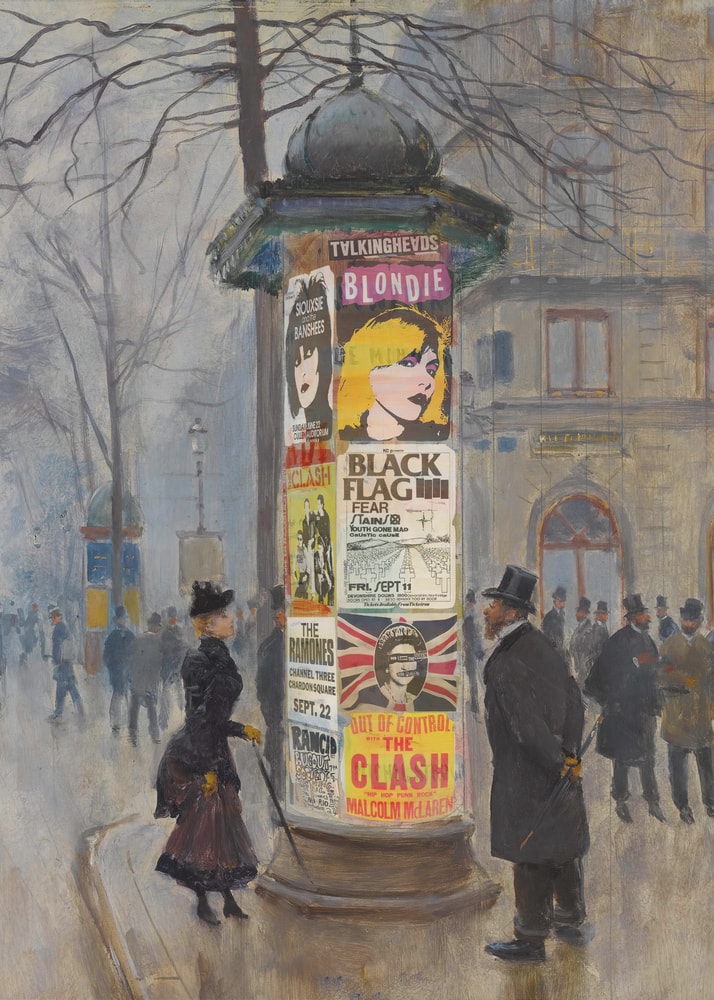 Punk posters street column poster with a painting of a street scene featuring a cylindrical column covered in band posters like Blondie and The Clash