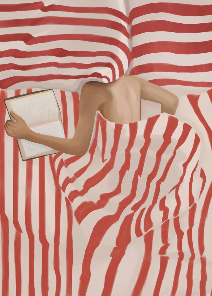 Reading in bed stripes poster with an illustration of a person reading a book under red and white striped bedding