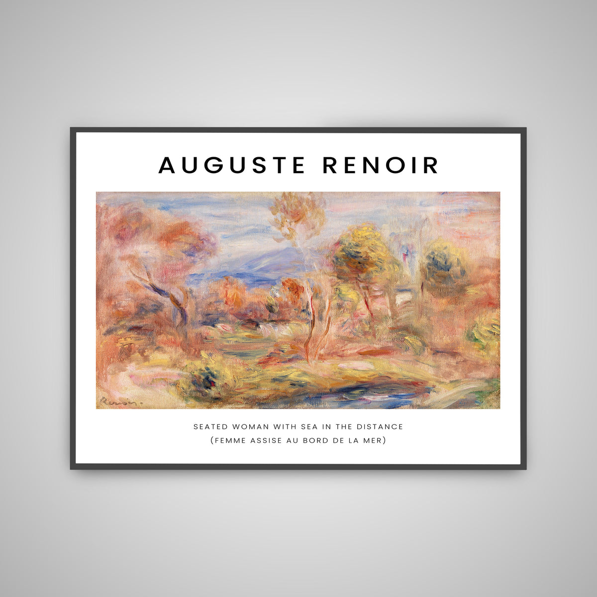 Framed poster of Auguste Renoir's impressionist landscape Seated Woman with Sea in the Distance