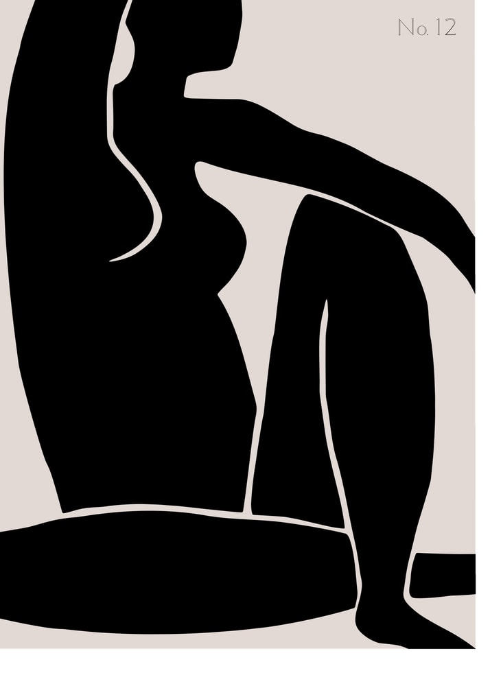 Seated woman silhouette no 12 poster with a minimalist black silhouette of a seated female figure labeled No 12