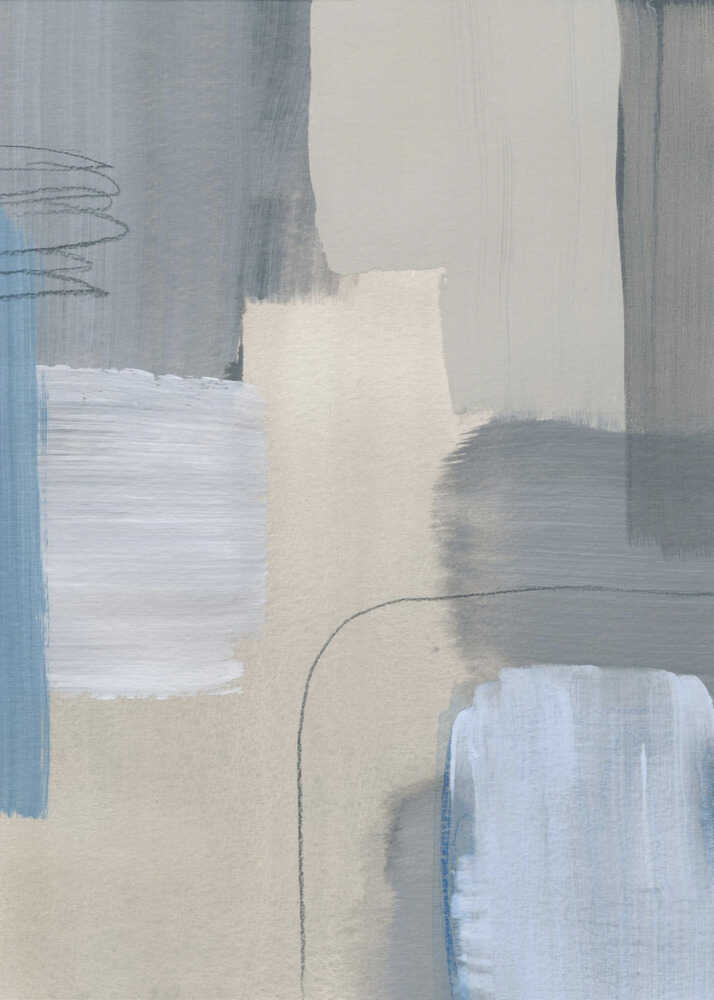 Soft abstract beige blue poster with a muted abstract painting of blue, gray and beige brushstrokes
