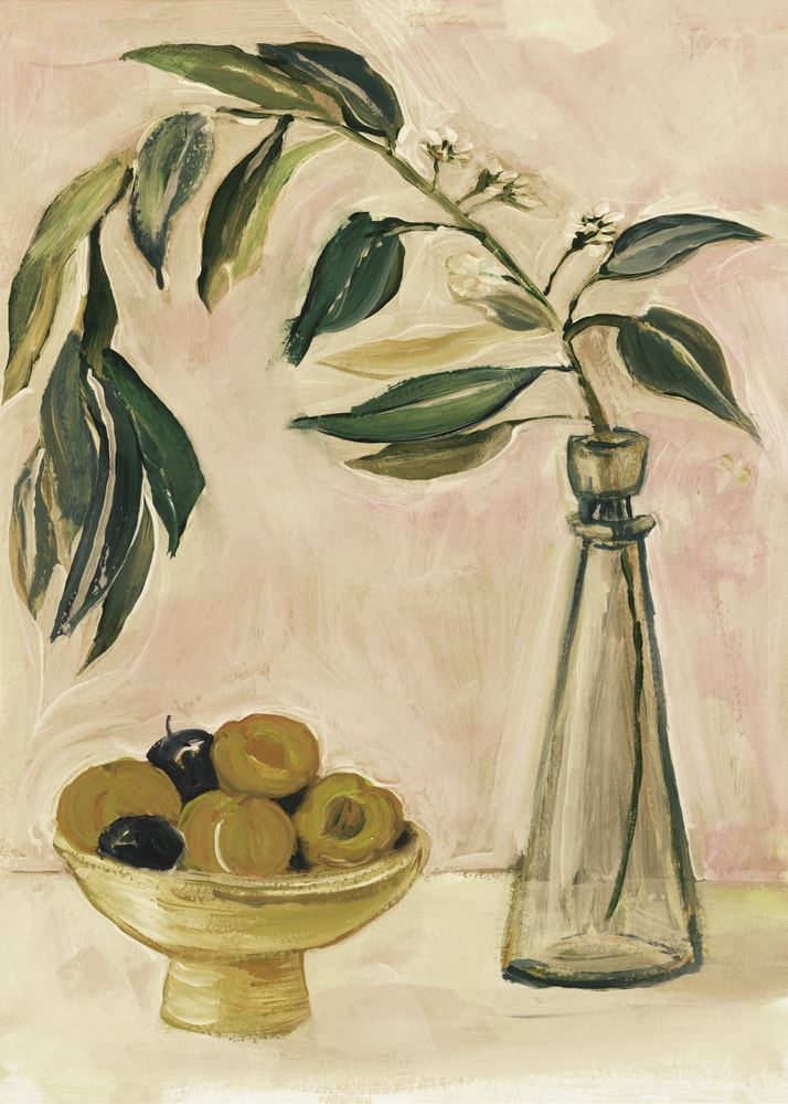 Still life fruit bowl leaf vase poster with a painterly still life of a bowl of fruit and a glass vase with green leafy branches