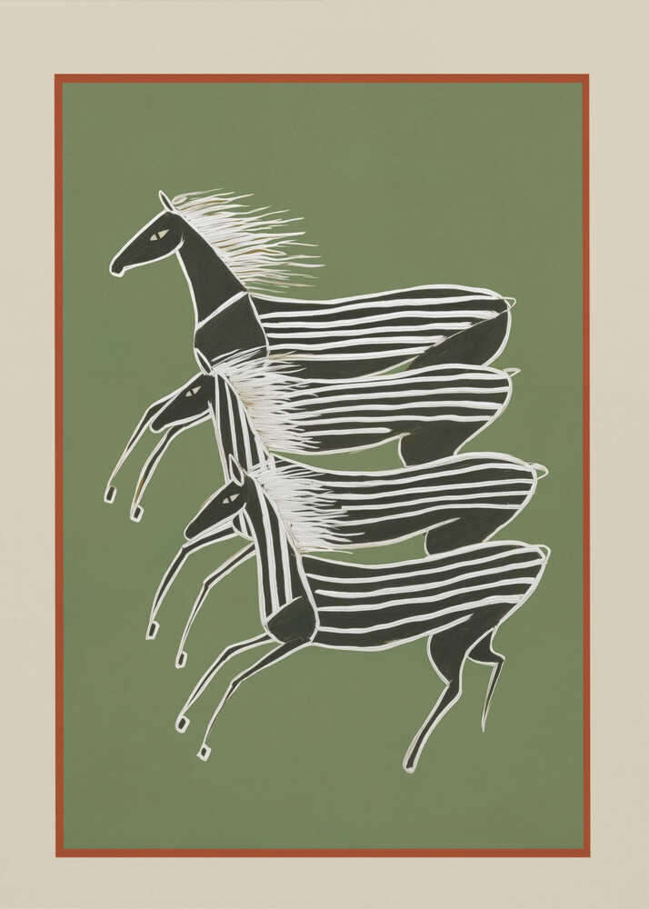 Striped horses illustration poster with a graphic of three striped black and white horses running on a green background