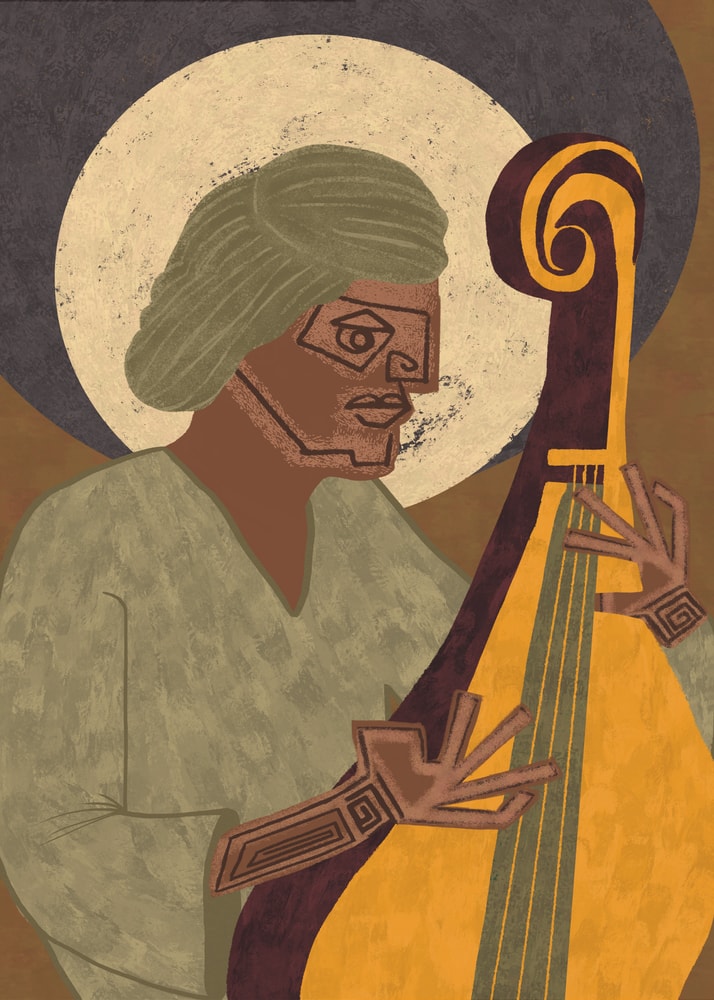 Stylized cellist earth tones poster with a geometric illustration of a musician playing a cello against a circular background