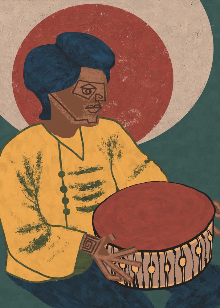 Stylized drummer yellow shirt poster with a geometric illustration of a musician in a yellow shirt playing a drum