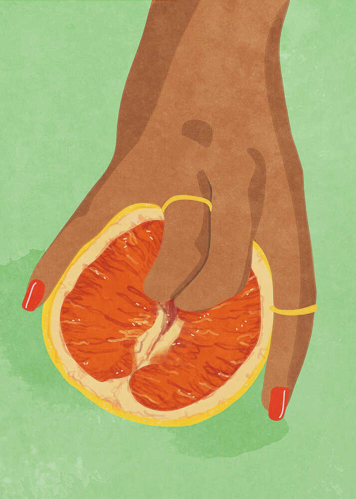 Stylized hand squeezing grapefruit poster with a stylized illustration of a hand squeezing a halved grapefruit on green background