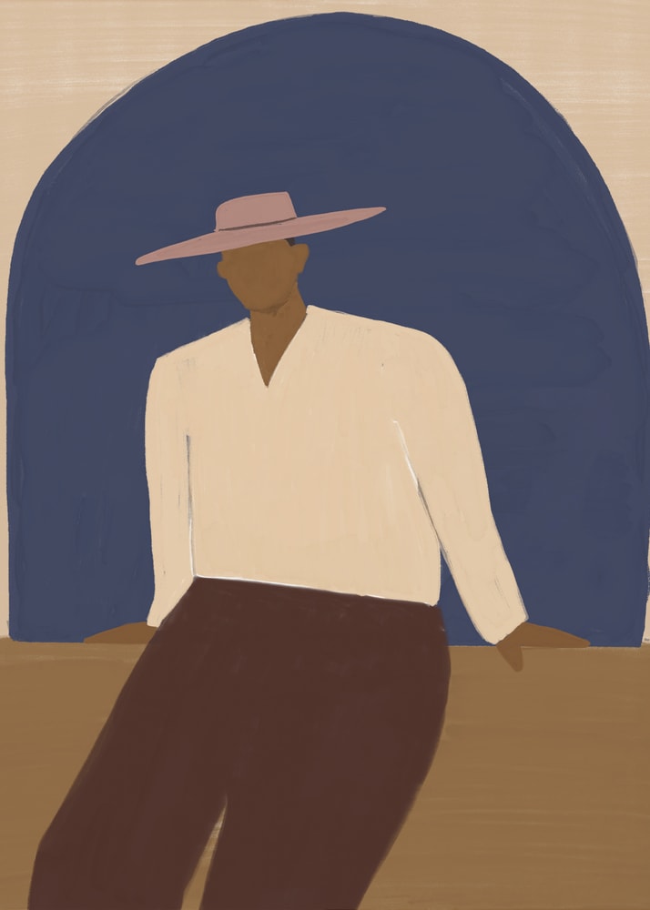 Stylized person pink hat poster with a minimalist illustration of a person in a pink wide-brimmed hat against a blue arch
