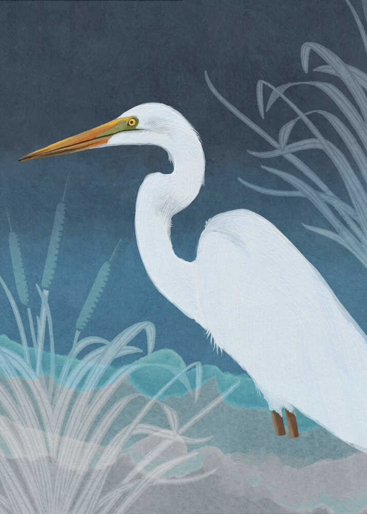 Stylized white egret poster with a stylized illustration of a white egret with yellow beak in a marshy landscape
